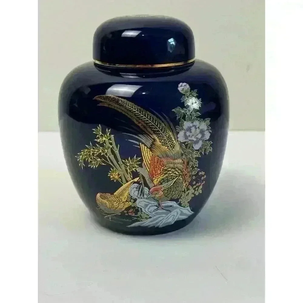 Vintage Royal Blue Porcelain Ginger Jar With Oriental Pheasant Scene EUC